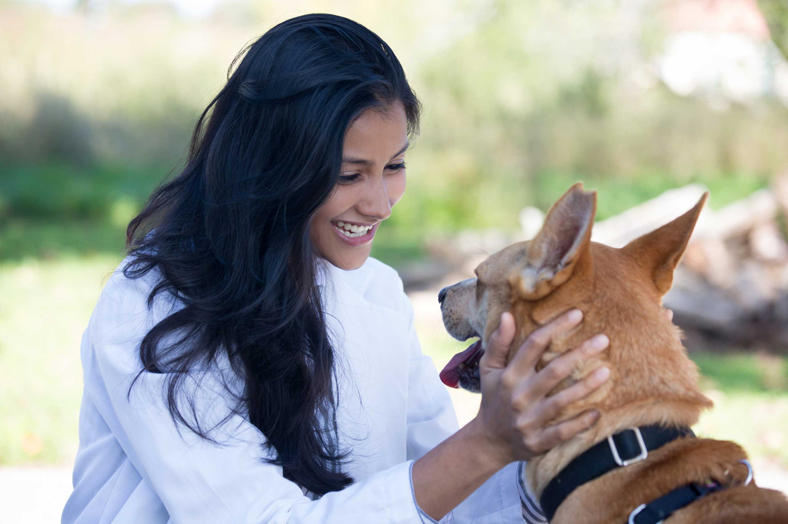 Woman smiling while looking at a dog