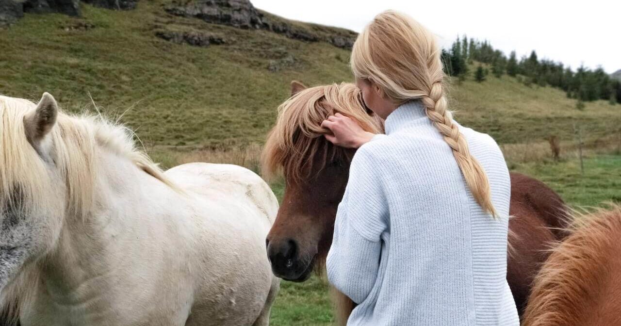 Woman patting a brown pony's mane